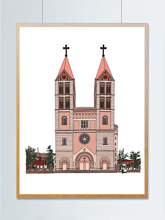 青岛基督教堂手绘图片