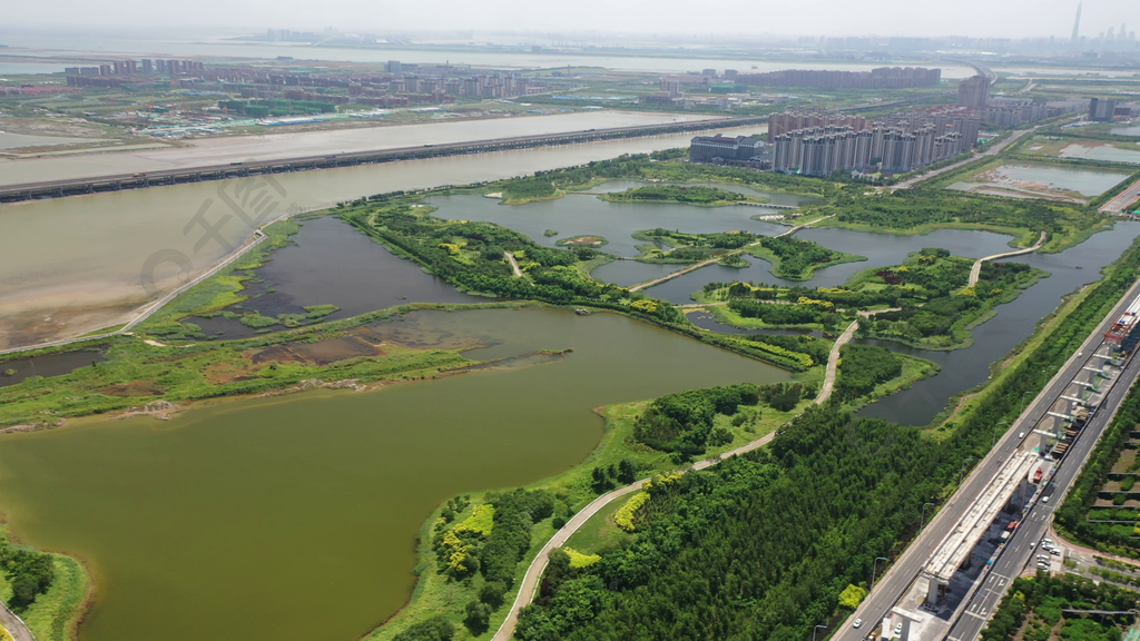 4k航拍视频天津景点中新生态城贝壳堤湿地