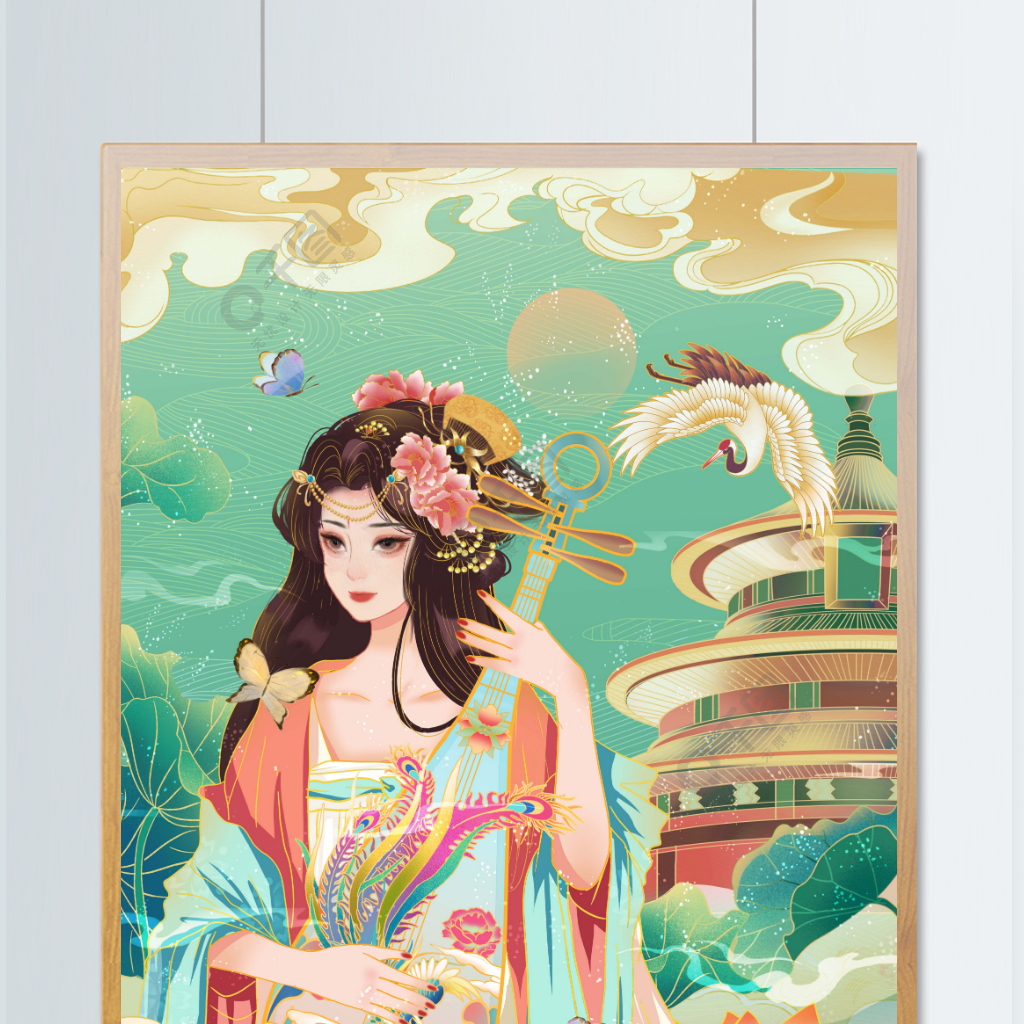 流行色青色國潮古風彈琵琶美女建築祥雲插畫