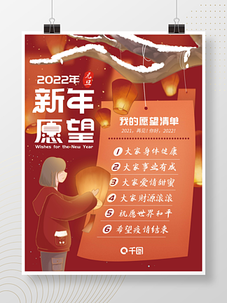 卡通手繪元旦節2022年新年願望清單海報