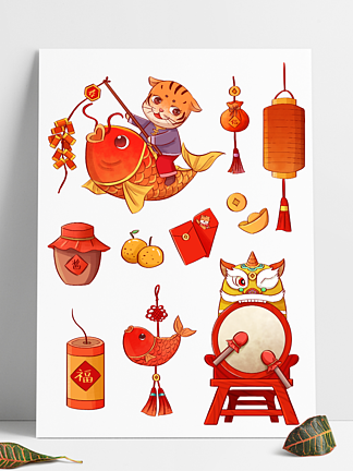 中国风新年春节装饰锦鲤鱼灯笼舞狮鼓元素材