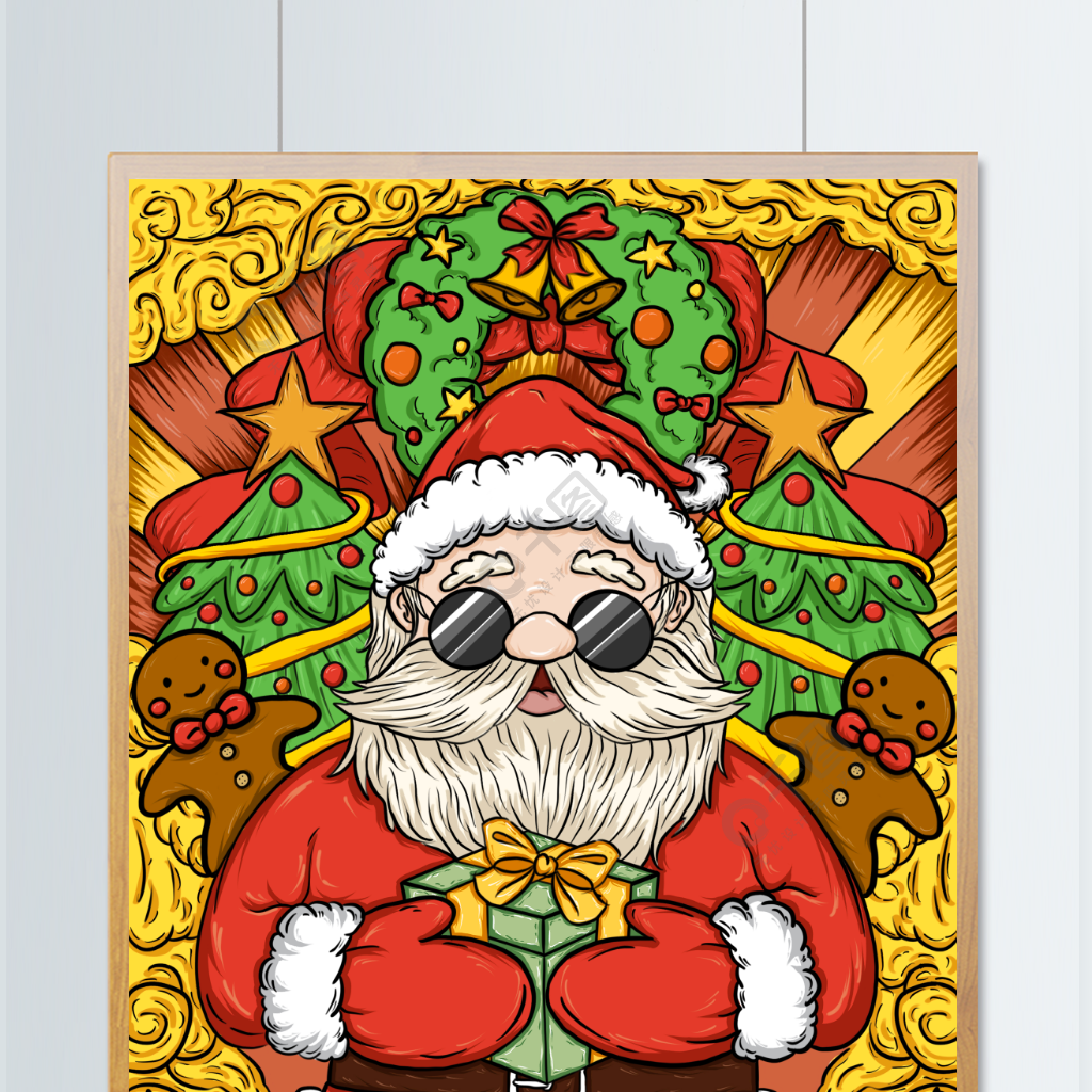 圣诞节圣诞老人圣诞树手绘国潮插画海报