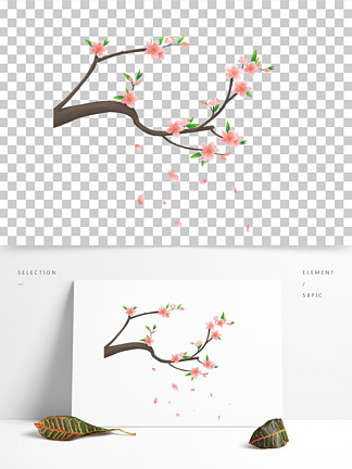 粉色桃花桃叶花瓣飘落梅花 i>春/i i>天/i>手绘卡通 i>元/i i>素