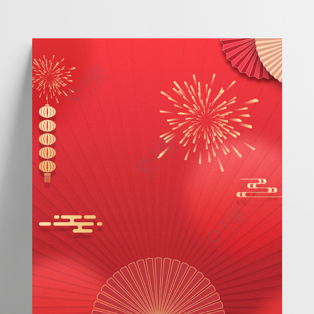 国潮红色喜庆新年春节背景素材烟花灯笼电商