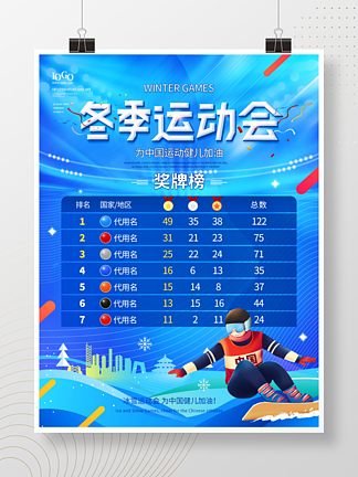 蓝色清新冬奥会奖牌榜宣传海报