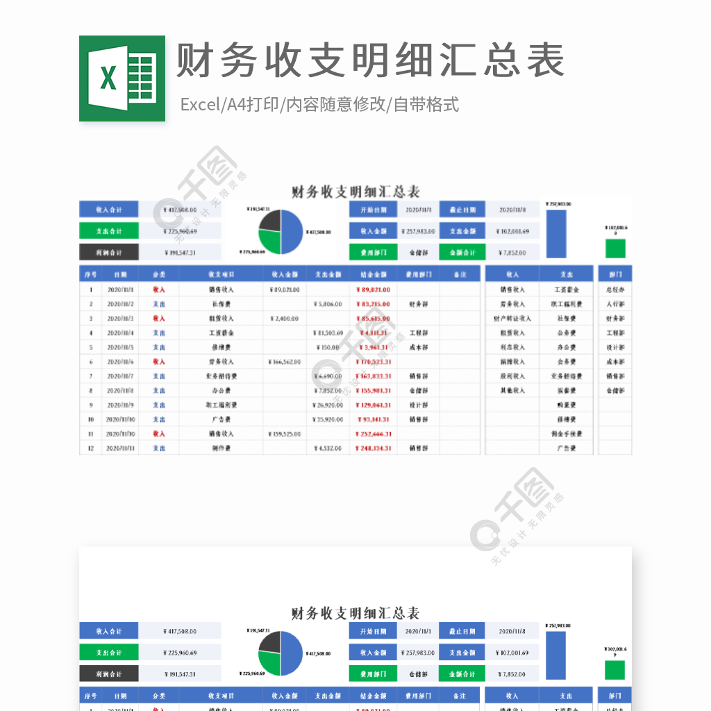 財務收支明細彙總表模板免費下載_xlsx格式_編號41351570-千圖