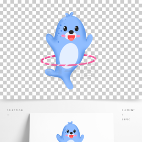 手繪卡通可愛藍色小海豹玩呼啦圈免摳元素