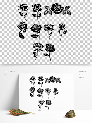 玫瑰剪影套装设计素材黑白<i>印</i><i>花</i><i>花</i>朵