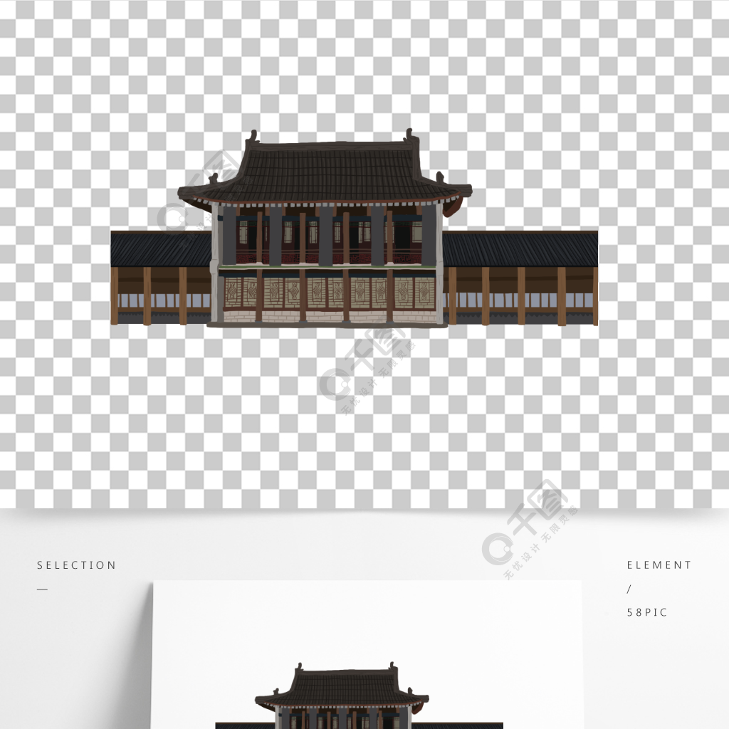 手繪古代房屋樓閣國風元素