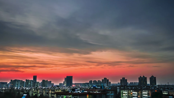 8k實拍城市晚霞落日美景火燒雲延時攝影