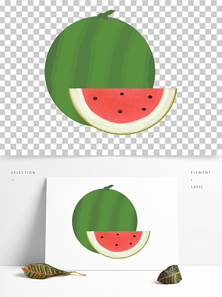 卡通手繪簡約簡筆畫綠色皮紅色瓤的西瓜