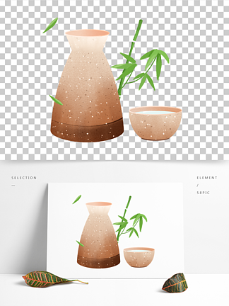手繪古風酒竹葉清酒竹子酒具酒杯酒壺喝酒