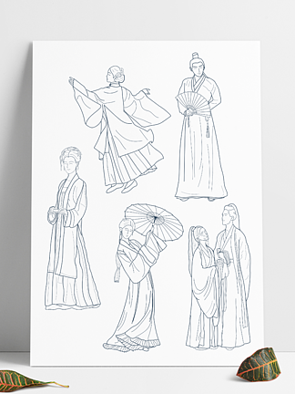 手绘中式汉服古装男女古代人物黑白装饰线条