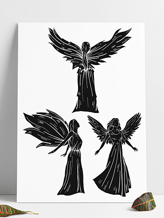 天使手绘翅膀全角度女神矢量设计黑白 i