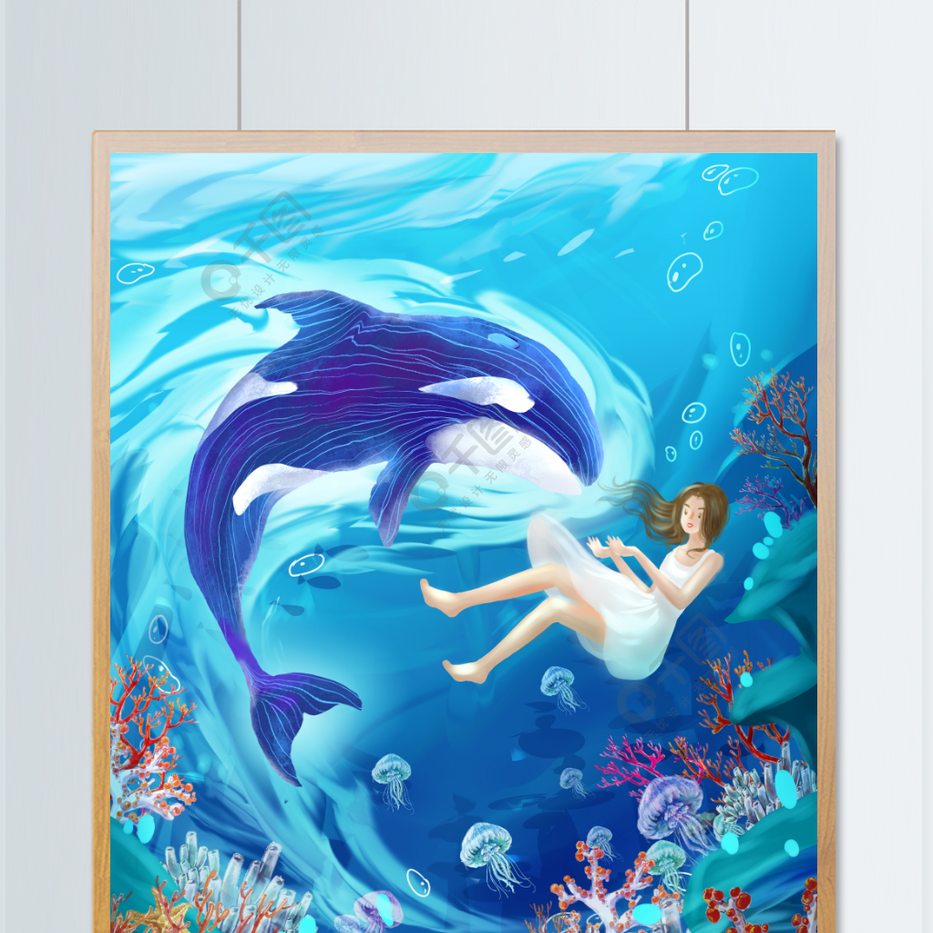 治愈系手绘风人与海洋浪漫插画鲸鱼水下世界