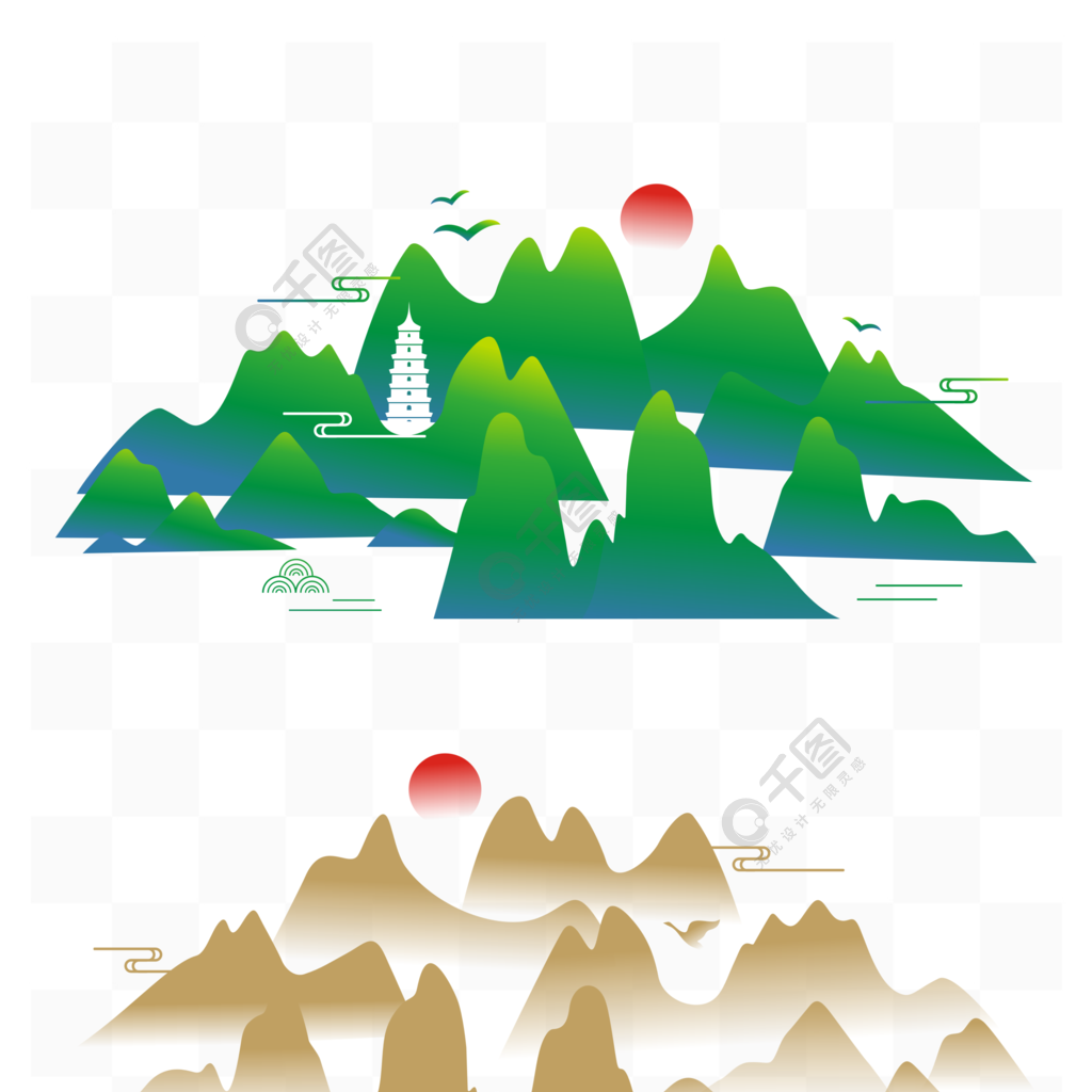 矢量中國風中式水墨山水古典山紋雲紋水紋