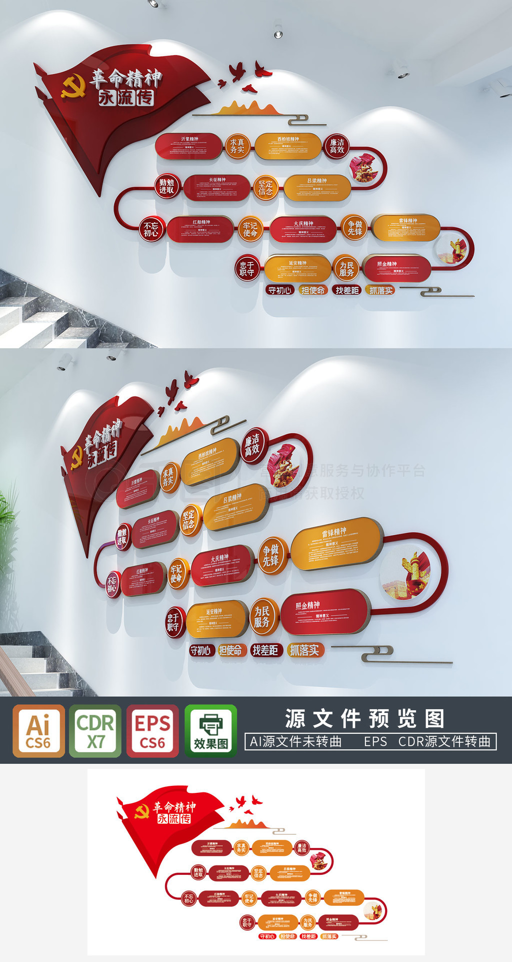 红色革命精神文化墙中国精神楼梯文化墙