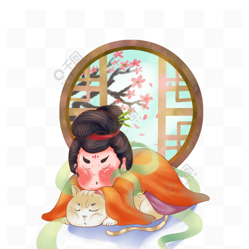 古代仕女中国风国潮卡通抱猫睡觉插画元素