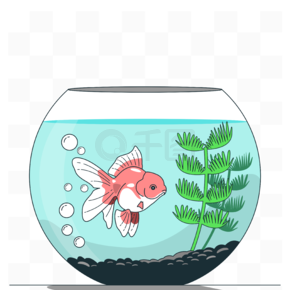 卡通手绘漂亮的金鱼鱼缸深色水草植物无缝图案与简单的手绘海藻剪影