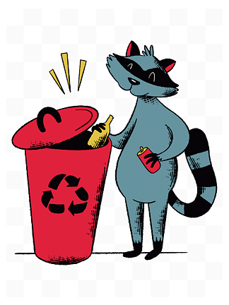 垃圾回收浣熊卡通环保矢量手绘瓶子易拉罐