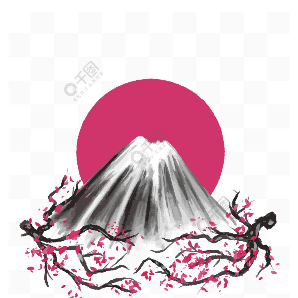 富士山日本自然水墨櫻花矢量手繪素材