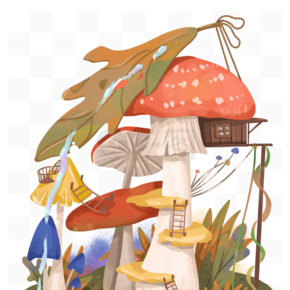 原创手绘梦幻森林梦幻植物小场景蘑菇树屋