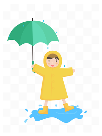 矢量雨伞卡通撑伞女孩踩水花插画下雨天淋雨