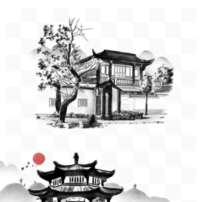 中国风水墨风建筑黑白山水手绘国画装饰图案