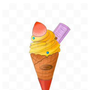 手绘卡通美味芒果草莓味蛋筒冰淇淋矢量图