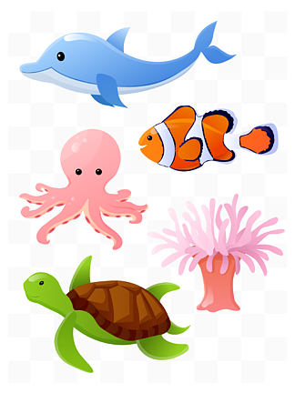 矢量可爱海洋生物海豚章鱼小丑鱼海葵海龟