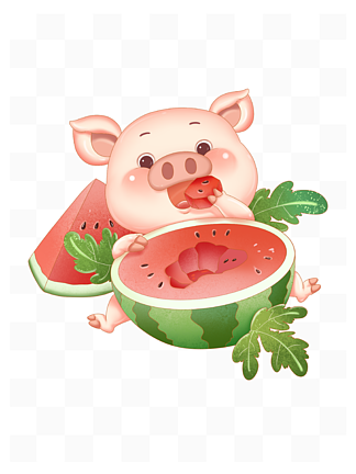 夏季卡通<i>动</i><i>物</i>小猪吃西瓜IP可爱生肖形象