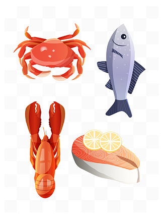 矢量海鲜系列食材螃蟹龙虾鳕鱼<i>柠</i><i>檬</i>元素素材