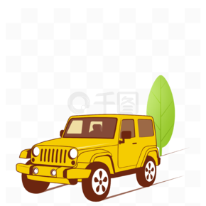 卡通矢量黄色行驶的越野吉普车汽车插画元素