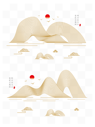 中式古典金色线条山水<i>祥</i><i>云</i>纹山纹装饰图案