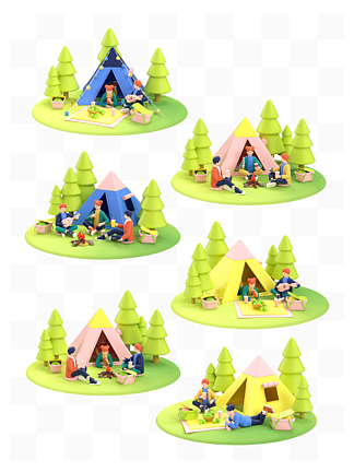 原创c4d卡通风露营帐篷假期聚会3D素材