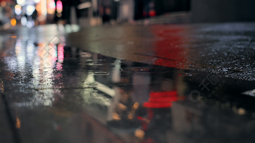 4k城市街道夜晚下雨雨滴唯美空镜