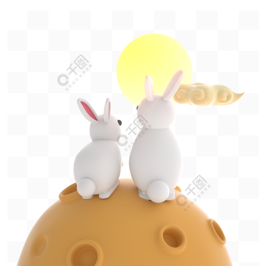 3D中秋节坐在月亮上的简约兔子场景素材