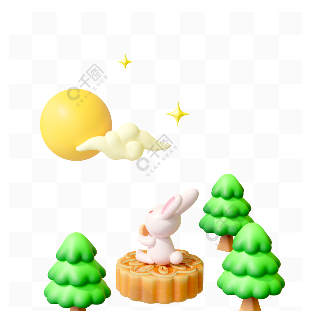 3D立体免抠坐在月饼上的简约兔子场景装饰