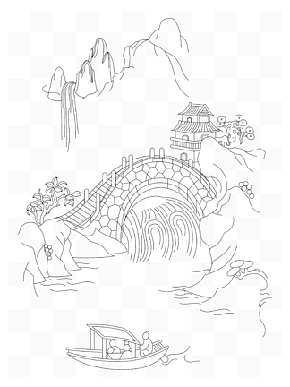 一副手绘中国风山水风景背景图简笔画素描线