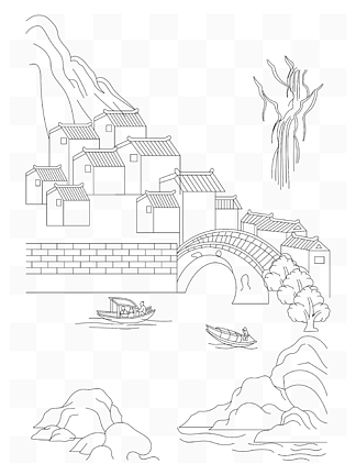 一副手绘中国风江南山水风景背景图简笔画线