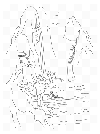 一副手绘中国风江南山水瀑布风景背景图