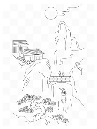 一副手绘中国风江南山水风景背景图简笔画线