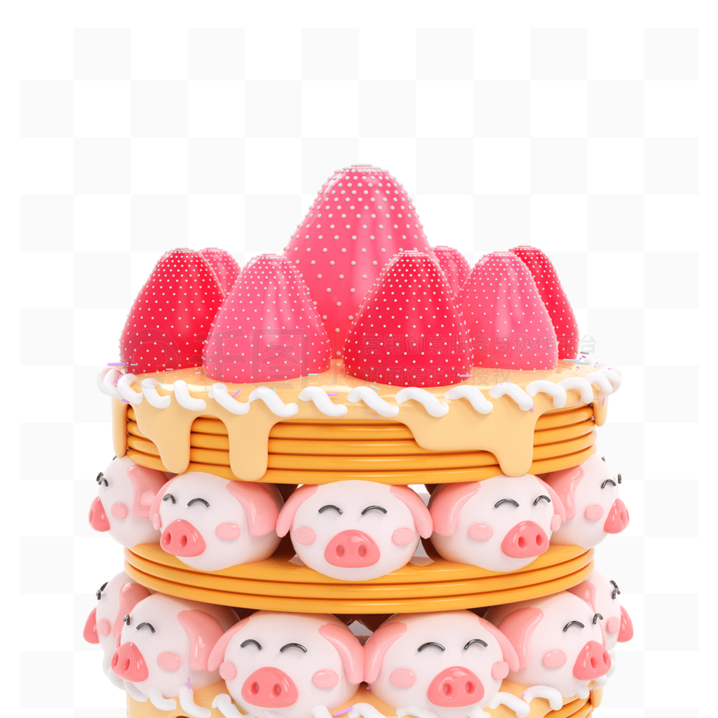 C4D卡通动物草莓蛋糕3D立体美食模型
