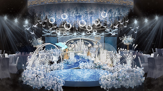 蓝色星空城堡婚礼效果图梦幻白蓝色婚礼布置婚礼现场布置蓝色梦幻主题