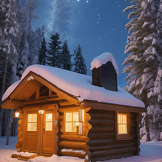 雪地暖光民宿森林郊外黑夜繁星点点小木屋