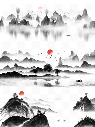 中国风水墨国画山水日出装饰背景元素写意