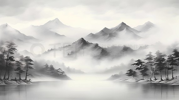 中国水墨风山峦山水画