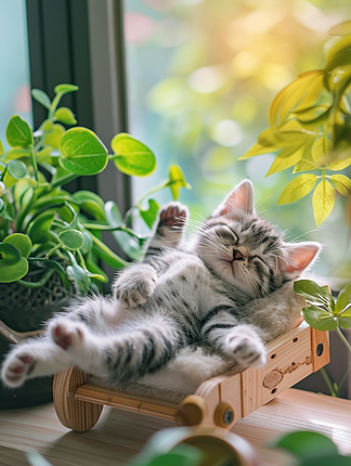 一只可爱的小猫在草坪上晒日光浴