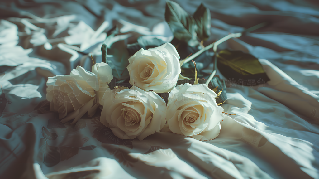 A bouquet of white ĵ lies on the bed, intended for an Instagram story photo, with an aesthetic styl