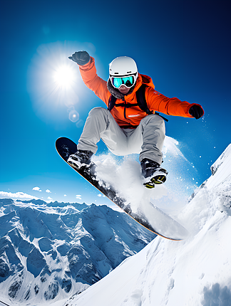 滑雪日常运动场景人像摄影图滑雪者准备冲向斜坡,戴上防护装备和头盔